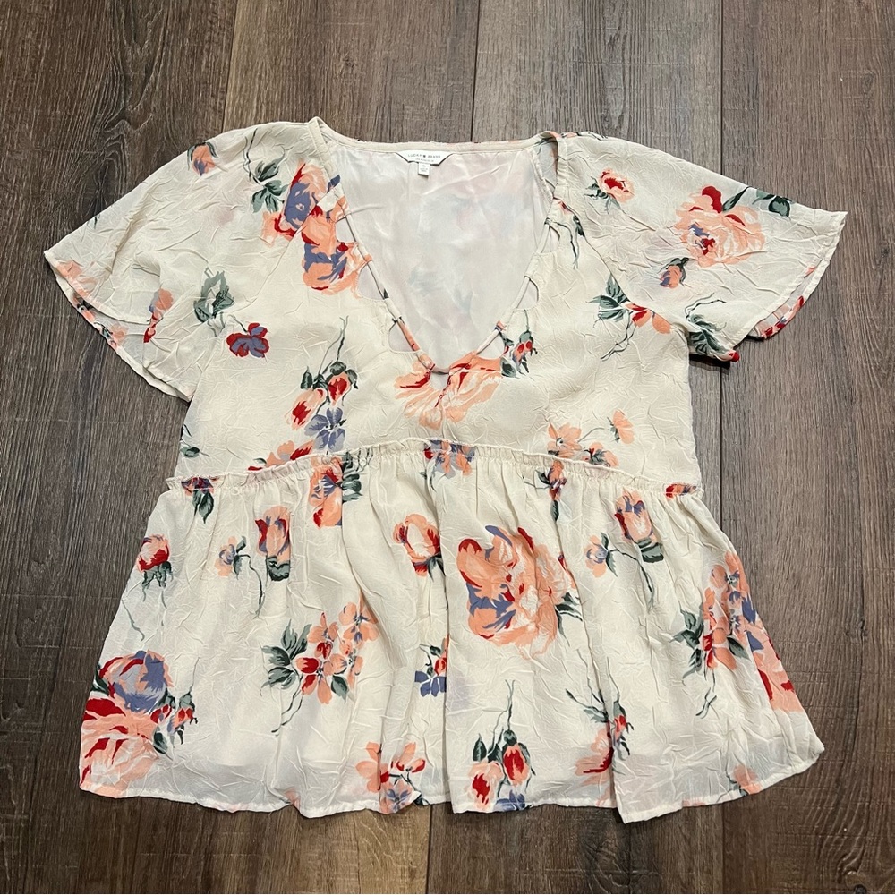 Lucky Brand Cream & Pink Floral Babydoll Short Sleeve Blouse